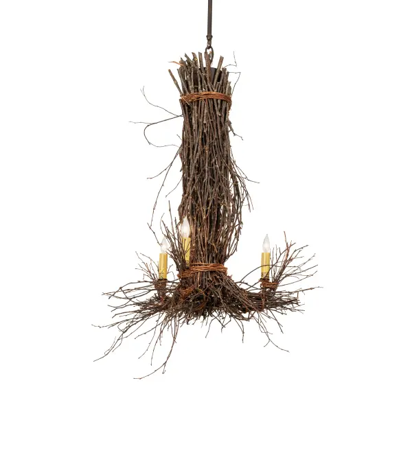Meyda artisanship embraces Mother Nature. Three Ivory faux candlelights appear to bud and grow from authentic twigs that are locally hand selected and sustainably harvested. Natural materials are hand woven around a metal frame with a Mahogany Bronze finish. The overall height ranges from 69 to 80 inches; as the chain adjusts on location. Included in our American-made; American-designed; handcrafted Mountain Harvest Collection and manufactured in Yorkville; New York. UL and cUL listed for dry and damp locations.