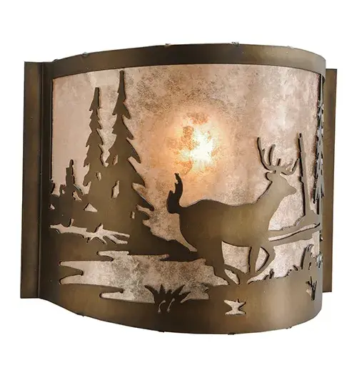 Bring the great outdoors in with this striking wall sconce featuring a graceful Deer scampering alongside a woodland lake as the morning sun rises in the background. Beautiful ambient light is evoked through the Silver Mica lens, which is enhanced with an Antique Copper finish. To complement this wall fixture, please look at the matching left wall sconce, model 79898. The Deer at Lake Wall Sconces are included in our American-made, American-designed, handcrafted Wildlife Collection, which is manufactured in Yorkville, New York. UL and cUL listed for dry and damp locations. Upstate New York's adventurous playland, known as the Adirondack Mountains, with its many breathtaking forests, lakes, and rivers, is the spiritual birthplace of Meyda and inspires our rustic-themed mica collections. Collection: Deer At Lake Finish: Antique Copper Glass: Silver Mica Width: 14.00" Height: 19.00" Length: 9.00" Weight: 4.50 lb Number of Bulbs: 1 Maximum Wattage: 60.00 W Bulb Type: B10 Bulb Base: E12 Material: Steel Country of Origin: USA Safety Rating: Damp - alternate view