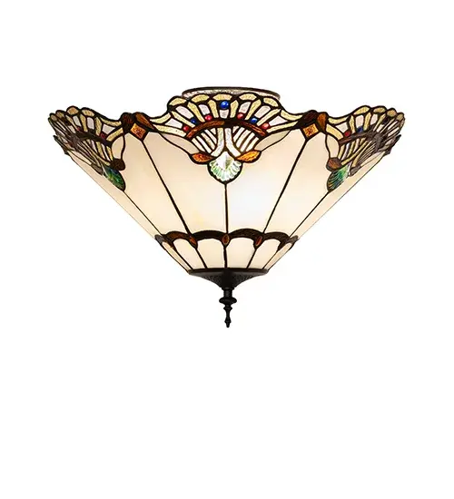Oceanic Iridescent Blue/Green Jeweled nautical shells; surrounded by Blue and Red jewels; highlight an intricate Art Nouveau motif in Amber and Clear Ripple glass; accented with iridescent Amber formed jewels on Bone Beige. A Multicolored ringlet motif featured on the bottom is accented with Amber oval jewels; while Amber diamond-shaped jewels accent the top. This inverted shade is handcrafted using the famous Meyda Tiffany copper foil construction process and complemented with an Oil Rubbed Bronze finish. The Shell with Jewels Flush Mount is included in our American-designed; handcrafted Stained Glass Lighting Collection. UL and cUL listed for dry and damp locations. Each shade is a unique work of art with color variations based on natural ingredients inherent in the glass. - alternate view