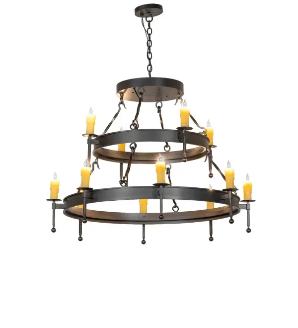 Blending an elegant style with a classic, distinguished look... The Stowe chandelier is custom-crafted with 12 Ivory Faux Candlelights, perched on bobeches with ballpoints on two sturdy rings, enhanced in Charred Iron. This luxurious fixture is ideal for illuminating dining tables, lobbies, entryways, and other residential, hospitality, and commercial spaces. The overall height ranges from 35 to 46 inches, and the chain can be easily adjusted on location. The Stowe 12 Light Two Tier Chandelier is included in our American-made, American-designed, handcrafted Transitional Lighting Collection. This fixture is manufactured in Yorkville, New York, and is UL and cUL listed for dry and damp locations. Collection: Stowe Finish: Charred Iron Width: 43.50" Height: 35.00" Length: 43.50" Weight: 56.00 lb Number of Bulbs: 12 Maximum Wattage: 60.00 W Bulb Type: B10 Bulb Base: E12 Material: Steel Country of Origin: USA Safety Rating: Damp