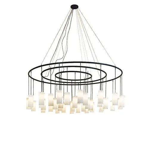 Like a complex architectural structure; this multi-tiered chandelier features 36 Frosted White Glass Cylindres cascading down for a striking; ethereal effect. The decorative spherical elements are finished in Solar Black and suspended by nearly invisible aircraft cable. The massive; upscale chandelier is ideal for illuminating stairwells; entryways; and lobbies in fine institutional; hospitality; and residential spaces. The Cilindro 36 Light Cascading Chandelier is featured in our American-made; American-designed; Handcrafted Modern Lighting Collection; which is manufactured in Yorkville; New York. The fixture is UL- and cUL-listed for dry and damp locations. This chandelier is featured in Concord; New Hampshire-based St. Paul??Ts School; which is dedicated to the pursuit of student excellence in character and scholarship and inspired by the beauty and spirit of its surroundings. The project also involved Available Light; headquartered in Boston; Massachusetts; designLAB Architects; also based in Boston; and New York-based Vanderweil Engineers. - alternate view