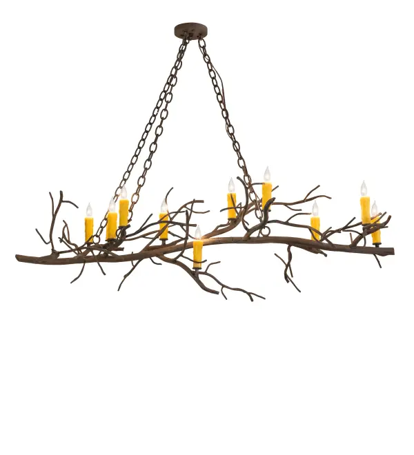 This Winter Solstice fixture brings life to a pine branch-style metal design; accentuated with beautiful ambient lighting that appears to sway in the frosty winter wind. Twelve Ivory faux candlelights; perched on small bobeches; become luminescent as they are embraced by a metal frame featuring a Distressed Chestnut finish. This oblong chandelier perfectly complements residential and commercial environments; especially over islands; counters; tables; and bars. The overall height ranges from 20 to 75 inches as the chain easily adjusts on location. The Winter Solstice Oblong Chandelier is part of our American-made; American-designed; handcrafted Nature Inspired Collection; manufactured in Yorkville; New York. The fixture is UL and cUL listed for dry and damp locations. Upstate New York's adventurous playland; known as the Adirondack Mountains; with its many breathtaking forests; lakes; and rivers; is the spiritual birthplace of Meyda and inspires our rustic-themed collections.