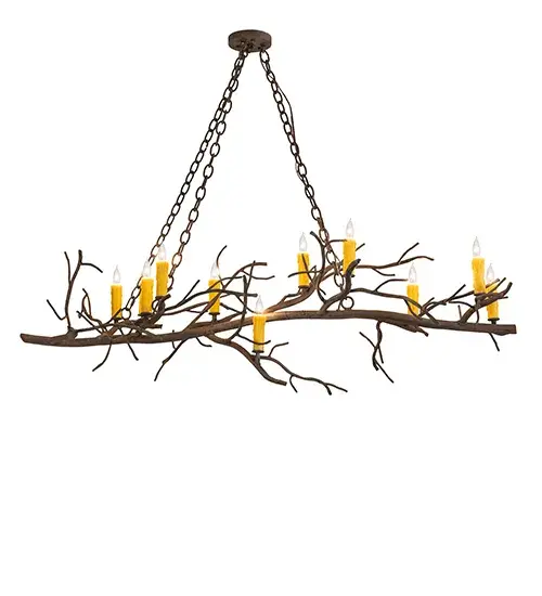 This Winter Solstice fixture brings life to a pine branch-style metal design; accentuated with beautiful ambient lighting that appears to sway in the frosty winter wind. Twelve Ivory faux candlelights; perched on small bobeches; become luminescent as they are embraced by a metal frame featuring a Distressed Chestnut finish. This oblong chandelier perfectly complements residential and commercial environments; especially over islands; counters; tables; and bars. The overall height ranges from 20 to 75 inches as the chain easily adjusts on location. The Winter Solstice Oblong Chandelier is part of our American-made; American-designed; handcrafted Nature Inspired Collection; manufactured in Yorkville; New York. The fixture is UL and cUL listed for dry and damp locations. Upstate New York's adventurous playland; known as the Adirondack Mountains; with its many breathtaking forests; lakes; and rivers; is the spiritual birthplace of Meyda and inspires our rustic-themed collections. - alternate view