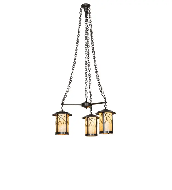 Handcrafted from Solid Brass; this chandelier boasts exquisite beauty for both interior and outdoor lighting applications. Three stunning cylindrical lanterns feature Beige Art Glass; enhanced with a Branches motif in a Craftsman Brown finish. The chandelier is perfect for illuminating entryways and dining tables in timber homes; modern farmhouses; and other spaces. The Fulton Branches Chandelier is part of our American-made; American-designed; handcrafted Craftsman Signature Series; manufactured in Yorkville; New York. UL and cUL are listed for use in dry; damp; and wet locations. Our Build Your Own Craftsman Signature Series features unlimited combinations of styles. The collection is called Build Your Own because it is fully configurable and customizable from size and design to finish and lens color. Marine-grade; solid brass; or copper raw materials are utilized to ensure items from the Craftsman Signature Series of outdoor and indoor lighting will stand the test of time; as these premium metals are impervious to most types of oxidation. Hand-applied Patina finishes on brass and copper are sealed with a clear varnish and; over time; may require gentle maintenance; such as wax; to delay or reverse the natural living finish attributes indicative of this finishing process. Patina finishes on brass and copper provide strong resistance to fading from sun exposure; will not chip or crack; and will not rust like a steel-framed item in the same conditions. Choose from a variety of style options; or send us your concept today! Call today to learn how to use the configuration tool available on our website to generate an item number instantly.