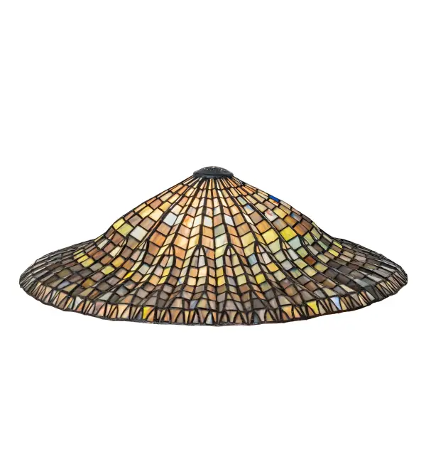 This luxurious shade features an Asian inspired shade showcasing Golden Sun drenched Emerald; Garnet; Cobalt and Sapphire swirled art glass. The parasol shaped shade of the Tiffany Reproduction Lotus Leaf with undulating lines is reminiscent of its namesake. The stunning shade is created using the famous Meyda Tiffany copperfoil construction and can be paired with a base to create a stunning table/floor lamp or hardware to build a beautiful ceiling or wall fixture. Each shade is a unique work of art with color variations based on natural ingredients inherent in the glass. Contact us if color matching is critical when ordering multiple items.