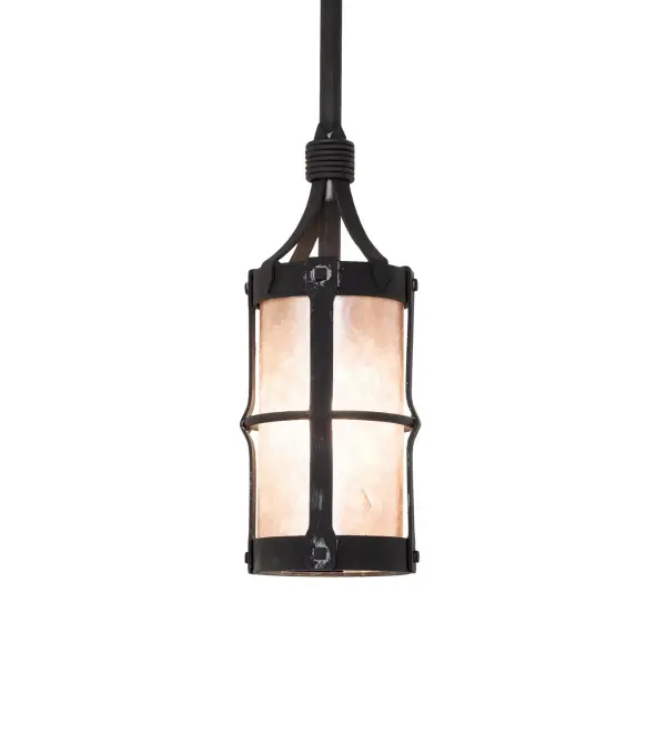 A Gothic lighting design inspired by fixtures that adorn European castles. This minimalistic mini pendant features a unique profile with a Silver Mica lens. The frame is enhanced with a bold Costello Black finish. Align this mini pendant in groups to illuminate kitchen islands, dining tables, bars, or counters in residences, hotels, and restaurant settings. The Woodbury Mini Pendant is part of our American-made, American-designed Traditional Lighting Collection, handcrafted by Meyda artisans in Yorkville, New York. UL and cUL listed for dry and damp locations. Collection: Woodbury Finish: Costello Black Glass: Silver Mica Width: 6.00" Height: 36.00" Length: 6.00" Weight: 6.50 lb Number of Bulbs: 1 Maximum Wattage: 60.00 W Bulb Type: A19 Bulb Base: E26 Material: Steel Country of Origin: USA Safety Rating: Damp