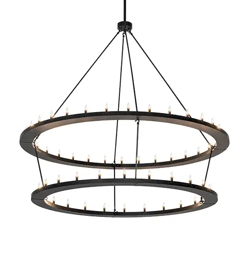 Blending an elegant style with a classic; distinguished look... The handsome Loxley Chandelier features 56 miniature lamps perched on a sturdy ring; which is enhanced with a Solar Black finish. This luxurious chandelier is ideal for illuminating great rooms; entryways; and other residential; hospitality; and commercial spaces. The Loxley 56 Light Chandelier is part of our American-made; American-designed; handcrafted Transitional Lighting Collection. This fixture is manufactured in Yorkville; New York; and is UL and cUL listed for dry and damp locations. The Loxley Collection features various chandeliers; pendants; and wall sconces designed with sturdy rings accented with faux candle lights or cylindrical elements. Many of these fixtures make great statement pieces for large spaces and can be customized with your choice of size; finish; and lamping. - alternate view