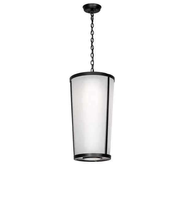 Designed with a curved profile and a clean; architectural look; this appealing; versatile ceiling fixture defines a sophisticated aesthetic. This ceiling pendant features a distinctive outer shade with a Frosted Glass lens; revealing an inner cylindrical diffuser made of Statuario Idalight. The hardware is offered in a Solar Black finish. The ceiling fixture is perfect for installation in hallways and dining areas in homes; hotels; and restaurants. The overall height ranges from 32 to 139 inches; as the chain can be easily adjusted on location. The Cilindro Tapered Pendant is included in our American-made; American-designed; handcrafted Contemporary Lighting Collection; which is manufactured in Yorkville; New York. It is UL and cUL listed for dry and damp locations.