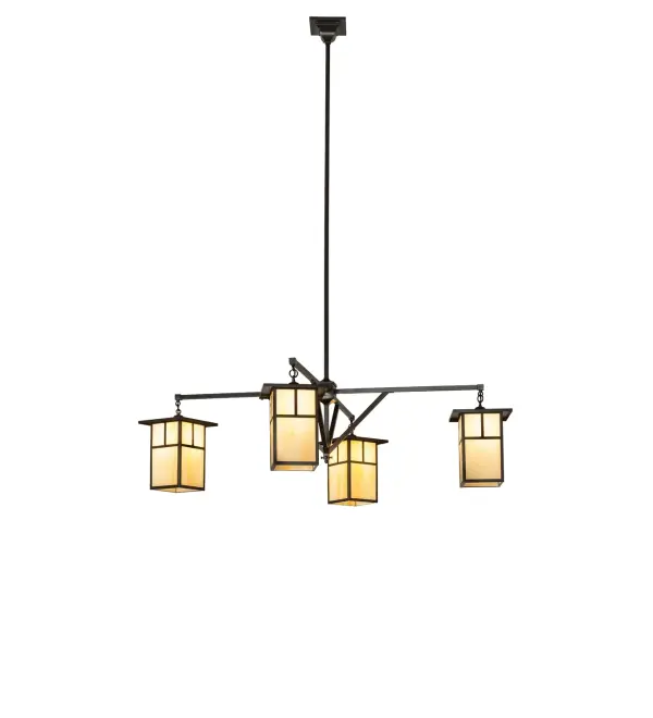 Custom-made of Solid Brass, this Configurable Chandelier features four lanterns crafted from stunning Beige art glass. The shades are complemented with hardware and accents in a Craftsman Brown finish. Create your masterpiece with our Build Your Configuration tool featured on our website. The Hyde Park T Mission Chandelier is included in our American-made, American-designed, handmade Craftsman Signature Collection and manufactured in Yorkville, New York. UL & cUL listed for dry and damp locations. Our Build Your Own Craftsman Signature Series features unlimited combinations of styles. The collection is called Build Your Own because it is fully configurable and customizable from size and design to finish and lens color. Marine-grade, solid brass, or copper raw materials are utilized to ensure items from the Craftsman Signature Series of outdoor and indoor lighting will stand the test of time, as these premium metals are impervious to most types of oxidation. Hand-applied Patina finishes on brass and copper are sealed with a clear varnish and, over time, may require gentle maintenance, such as wax, to delay or reverse the natural living finish attributes indicative of this finishing process. Patina finishes on brass and copper provide strong resistance to fading from sun exposure, will not chip or crack, and will not rust like a steel-framed item in the same conditions. Choose from a variety of style options, or send us your concept today! Call today to learn how to use the configuration tool available on our website to generate an item number instantly. Collection: Hyde Park Finish: Craftsman Brown Glass: Beige Art Glass Width: 64.00" Height: 84.00" Length: 64.00" Weight: 40.00 lb Number of Bulbs: 4 Maximum Wattage: 60.00 W Bulb Type: A19 Bulb Base: E26 Material: Brass Country of Origin: USA Safety Rating: Damp