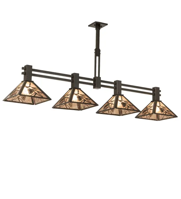 Beautiful nature inspired lighting. The island pendant features Pine Branch and Pinecone accents on four Silver Mica shades. The shades are adorned with decorative accents in a Timeless Bronze finish. The fixture is ideal for lighting kitchen islands, tables, counters, bars, and other residential and hospitality spaces. The Whispering Pines Island Pendant is part of our American made and American designed hand crafted Nature Inspired Lighting Collection. It is UL and cUL listed for dry and damp locations. Upstate New York's adventurous playland known as the Adirondack Mountains with many forests, lakes, and rivers is the birthplace of Meyda and inspires our rustic themed collections. Collection: Whispering Pines Finish: Timeless Bronze Glass: Silver Mica Width: 11.50" Height: 30.00" Length: 64.00" Weight: 25.00 lb Number of Bulbs: 4 Maximum Wattage: 60.00 W Bulb Type: A19 Bulb Base: E26 Material: Steel Country of Origin: USA Safety Rating: Damp