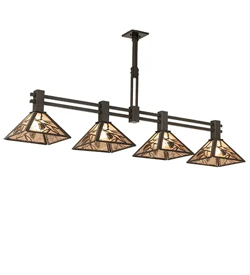 Beautiful nature inspired lighting. The island pendant features Pine Branch and Pinecone accents on four Silver Mica shades. The shades are adorned with decorative accents in a Timeless Bronze finish. The fixture is ideal for lighting kitchen islands, tables, counters, bars, and other residential and hospitality spaces. The Whispering Pines Island Pendant is part of our American made and American designed hand crafted Nature Inspired Lighting Collection. It is UL and cUL listed for dry and damp locations. Upstate New York's adventurous playland known as the Adirondack Mountains with many forests, lakes, and rivers is the birthplace of Meyda and inspires our rustic themed collections. Collection: Whispering Pines Finish: Timeless Bronze Glass: Silver Mica Width: 11.50" Height: 30.00" Length: 64.00" Weight: 25.00 lb Number of Bulbs: 4 Maximum Wattage: 60.00 W Bulb Type: A19 Bulb Base: E26 Material: Steel Country of Origin: USA Safety Rating: Damp - alternate view