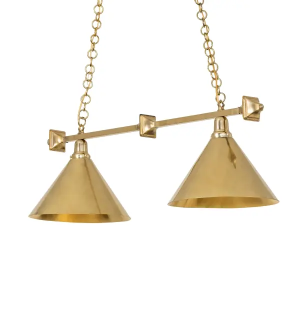 Designed for a stunning decorative look. This resplendent oblong pendant is handcrafted with two Raw Brass, cone-shaped shades. This luxurious pendant is ideal for illuminating kitchen islands, billiards and dining tables, counters, and other residential, hospitality, and commercial spaces. The overall height ranges from 24 to 54 inches, as the chain can be easily adjusted on location. The Zahav 2 Light Oblong Island Pendant is included in our American-made, American-designed, handcrafted Luxury Lighting Collection. This fixture is manufactured in Yorkville, New York, and is UL and cUL listed for dry and damp locations. Collection: Zahav Finish: Raw Brass Raw Brass Width: 14.00" Height: 24.00" Length: 40.00" Weight: 17.00 lb Number of Bulbs: 2 Maximum Wattage: 60.00 W Bulb Type: A19 Bulb Base: E26 Material: Brass Country of Origin: USA Safety Rating: Damp