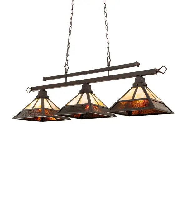 Every Meyda Tiffany item is a unique handcrafted work of art. Natural variations in the wide array of materials that we use to create each Meyda product make every item a masterpiece of its own. Photographs are a general representation of the product. Colors and designs will vary. Collection: T" Mission" Finish: Mahogany Bronze Craftsman Brown Glass: Rootbeer & Beige Art Glass Width: 13.00" Height: 24.00" Length: 47.00" Weight: 20.00 lb Number of Bulbs: 3 Maximum Wattage: 60.00 W Bulb Type: A19 Bulb Base: E26 Material: Steel Country of Origin: USA Safety Rating: Damp