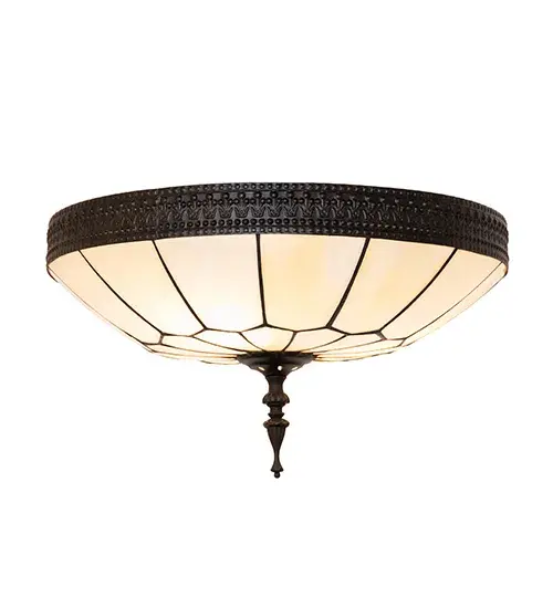 Embrace the timeless look of this classic lighting design. A Bent Beige Art Glass shade features a Honeycomb pattern enhanced with Brass banding and complemented by Dark Roast-finished hardware. This ceiling fixture is ideal for dining areas and entryways in fine homes; restaurants; and hotels. The Vincent Honeycomb Inverted Flush Mount is featured in our American-made; American-designed; handcrafted Quality Bent Glass Collection; which is manufactured in Yorkville; New York. The ceiling fixture is UL & cUL listed for dry and damp locations. The Quality Bent Glass division of Meyda Tiffany has been in the making for over 100 years. The company revolutionized the manufacturing process for high-temperature glass forming by custom-building production-capacity glass forming ovens and kilns. Today; we continue to create timeless masterpieces using tools and methods that date back to when we supplied Tiffany Studios. - alternate view