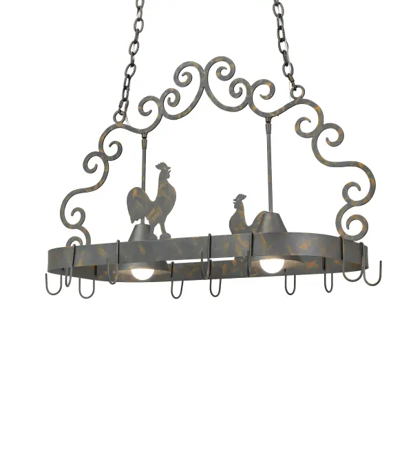Two charming rooster silhouettes are depicted on the frame of this pot rack fixture; enhanced with two medium-based downlights for functional illumination on islands; counters; tables; and other surfaces. The scrollwork and hardware are finished in a stunning French Bronze. This fixture is handcrafted by highly skilled artisans in the USA. Hooks are available to suspend fine cookware and accessories in your culinary space. The overall height ranges from 29 to 93 inches; as the chain can be easily adjusted on location. The Poulet 2 Light Pot Rack is part of our American-made; American-designed; handcrafted Lighted Pot Rack Collection; manufactured in Yorkville; New York. The fixture is UL and cUL listed for dry and damp locations.