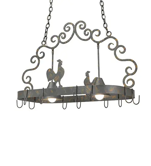Two charming rooster silhouettes are depicted on the frame of this pot rack fixture; enhanced with two medium-based downlights for functional illumination on islands; counters; tables; and other surfaces. The scrollwork and hardware are finished in a stunning French Bronze. This fixture is handcrafted by highly skilled artisans in the USA. Hooks are available to suspend fine cookware and accessories in your culinary space. The overall height ranges from 29 to 93 inches; as the chain can be easily adjusted on location. The Poulet 2 Light Pot Rack is part of our American-made; American-designed; handcrafted Lighted Pot Rack Collection; manufactured in Yorkville; New York. The fixture is UL and cUL listed for dry and damp locations. - alternate view