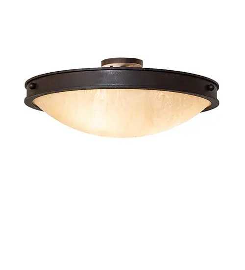 Offering an elegant look for any interior; this stunning ceiling fixture features a Frosted Sahara Taupe Idalight shade; enhanced by a frame and hardware in a Rusty Nail finish. Dionne is ideal for lighting hallways; living spaces; and other rooms in both residential and commercial environments. The Dionne Flush Mount is featured in our American- made; American-designed; handcrafted Transitional Lighting Collection and manufactured in Yorkville; New York. UL and cUL listed for dry and damp locations. - alternate view