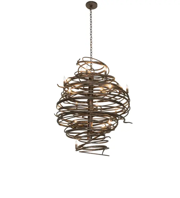 The bold; eye-catching Cyclone simulates whirling winds of energy and gyration with Hand-forged Light Tobacco finished Iron accentuated with 18 delicately placed lamp beacons to help you weather the storm. Make an impressive design statement that will wow guests in lobbies; conference rooms; entryways; and other residential and commercial spaces. The overall height ranges from 50 to 170 inches; as the chain can be adjusted on location to accommodate your specific lighting application needs. The Cyclone Chandelier is included in our American-made; American-designed; handcrafted Cyclone Collection and is manufactured in Yorkville; New York. UL and cUL listed for dry and damp locations.