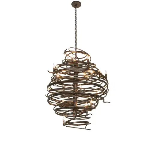 The bold; eye-catching Cyclone simulates whirling winds of energy and gyration with Hand-forged Light Tobacco finished Iron accentuated with 18 delicately placed lamp beacons to help you weather the storm. Make an impressive design statement that will wow guests in lobbies; conference rooms; entryways; and other residential and commercial spaces. The overall height ranges from 50 to 170 inches; as the chain can be adjusted on location to accommodate your specific lighting application needs. The Cyclone Chandelier is included in our American-made; American-designed; handcrafted Cyclone Collection and is manufactured in Yorkville; New York. UL and cUL listed for dry and damp locations. - alternate view