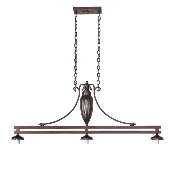 Embrace the timeless look of this classic Victorian-designed ceiling fixture hardware. This decorative hardware is finished in Mahogany Bronze and accommodates up to three shades. It is adorned with a large Victorian Urn as the centerpiece of this linear pendant hardware; designed for islands; bars; and tables. The Victorian Urn 3 Light Island Hardware is part of our American-designed; handcrafted Decorative Hardware Collection. It is UL and cUL listed for dry and damp locations.