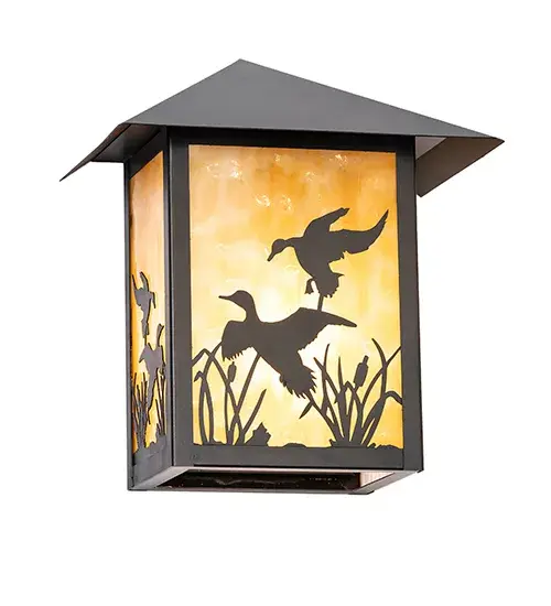 With a swoosh; a flock of Ducks climbs sunward; soaring in flight and stretching out above the marsh reeds against the sun-split sky and up towards the heavens. This charming Brass wall sconce features a stunning Beige Art Glass shade that diffuses soft; ambient illumination. The decorative accents; hardware; and frame are available in a Black Patina. To complement this wall fixture; please look at the matching right wall sconce; model 283212. The Seneca Ducks in Flight Wall Sconces are included in our American- made; American-designed; handcrafted Craftsman Signature Series. The fixtures are manufactured in Yorkville; New York; and are UL and cUL listed for use in dry and damp locations. Our Build Your Own Craftsman Signature Series features unlimited combinations of styles. The collection is called Build Your Own because it is fully configurable and customizable from size and design to finish and lens color. Marine-grade; solid brass; or copper raw materials are utilized to ensure items from the Craftsman Signature Series of outdoor and indoor lighting will stand the test of time; as these premium metals are impervious to most types of oxidation. Hand-applied Patina finishes on brass and copper are sealed with a clear varnish and; over time; may require gentle maintenance; such as wax; to delay or reverse the natural living finish attributes indicative of this finishing process. Patina finishes on brass and copper provide strong resistance to fading from sun exposure; will not chip or crack; and will not rust like a steel-framed item in the same conditions. Choose from a variety of style options; or send us your concept today! Call today to learn how to use the configuration tool available on our website to generate an item number instantly. - alternate view