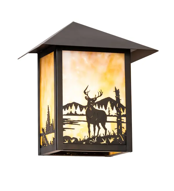 A magnificent Deer is captured standing alongside a mountain lake as the morning Sun shines over the American wilderness. The striking decorative accents and frame are featured in a Black Patina finish with a stunning Beige art glass shade. This alluring lighting fixture is perfect for both indoor and outdoor applications. This fixture matches well with the Seneca Deer Creek Left Wall Sconce; model 283214. The Seneca Deer Creek Left Wall Sconce is featured in our American-made; American-designed; handcrafted Craftsman Signature Series; which is manufactured in Yorkville; New York. UL and cUL listed for dry; damp; and wet locations. Our Build Your Own Craftsman Signature Series features unlimited combinations of styles. The collection is called Build Your Own because it is fully configurable and customizable from size and design to finish and lens color. Marine-grade; solid brass; or copper raw materials are utilized to ensure items from the Craftsman Signature Series of outdoor and indoor lighting will stand the test of time; as these premium metals are impervious to most types of oxidation. Hand-applied Patina finishes on brass and copper are sealed with a clear varnish and over time; may require gentle maintenance; such as wax; to delay or reverse the natural living finish attributes indicative of this finishing process. Patina finishes on brass and copper provide strong resistance to fading from sun exposure; will not chip or crack; and will not rust like a steel- framed item in the same conditions. Choose from many style options; or send us your concept today. Call today to learn how to use the configuration tool available on our website for an instant item number.