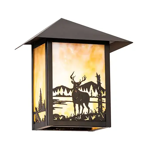 A magnificent Deer is captured standing alongside a mountain lake as the morning Sun shines over the American wilderness. The striking decorative accents and frame are featured in a Black Patina finish with a stunning Beige art glass shade. This alluring lighting fixture is perfect for both indoor and outdoor applications. This fixture matches well with the Seneca Deer Creek Left Wall Sconce; model 283214. The Seneca Deer Creek Left Wall Sconce is featured in our American-made; American-designed; handcrafted Craftsman Signature Series; which is manufactured in Yorkville; New York. UL and cUL listed for dry; damp; and wet locations. Our Build Your Own Craftsman Signature Series features unlimited combinations of styles. The collection is called Build Your Own because it is fully configurable and customizable from size and design to finish and lens color. Marine-grade; solid brass; or copper raw materials are utilized to ensure items from the Craftsman Signature Series of outdoor and indoor lighting will stand the test of time; as these premium metals are impervious to most types of oxidation. Hand-applied Patina finishes on brass and copper are sealed with a clear varnish and over time; may require gentle maintenance; such as wax; to delay or reverse the natural living finish attributes indicative of this finishing process. Patina finishes on brass and copper provide strong resistance to fading from sun exposure; will not chip or crack; and will not rust like a steel- framed item in the same conditions. Choose from many style options; or send us your concept today. Call today to learn how to use the configuration tool available on our website for an instant item number. - alternate view