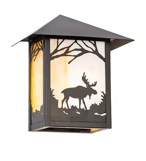 A magnificent Moose is captured standing alongside a mountain lake as the morning Sun shines over the American wilderness. The striking decorative accents and frame are featured in a Black Patina finish and complemented with a stunning Beige art glass shade. Crafted of Solid Brass; this alluring lighting fixture is perfect for both indoor and outdoor applications. This fixture matches the Seneca Moose Creek Left Wall Sconce; model 283216. The Seneca Moose Creek Wall Sconces are offered in our American-made; American-designed; handcrafted Craftsman Signature Series; which is manufactured in Yorkville; New York. UL and cUL listed for dry; damp; and wet locations. Our Build Your Own Craftsman Signature Series features unlimited combinations of styles. The collection is called Build Your Own because it is fully configurable and customizable from size and design to finish and lens color. Marine-grade; solid brass; or copper raw materials are utilized to ensure items from the Craftsman Signature Series of outdoor and indoor lighting will stand the test of time; as these premium metals are impervious to most types of oxidation. Hand-applied Patina finishes on brass and copper are sealed with a clear varnish and; over time; may require gentle maintenance; such as wax; to delay or reverse the natural living finish attributes indicative of this finishing process. Patina finishes on brass and copper provide strong resistance to fading from sun exposure; will not chip or crack; and will not rust like a steel-framed item in the same conditions. Choose from many style options; or send us your concept today! Call today to learn how to use our website's configuration tool to get an instant item number. - alternate view