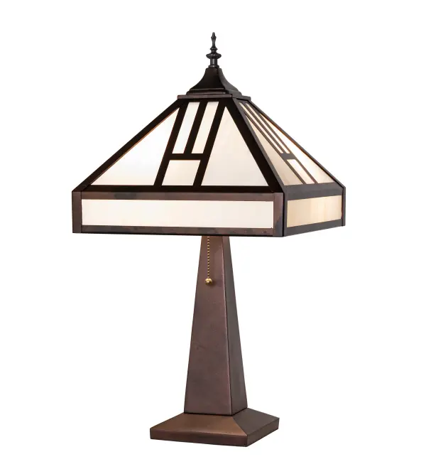 Simple, clean lines and geometric shapes are the hallmarks of the Mission style. This sleek Creme Carrare Idalight shade is complemented with decorative accents and an elegant cast metal base featuring a Mahogany Bronze finish. This exquisite minimalist lamp is perfect for placement in picture windows, end tables, and desks in homes and restaurants. The Mission Table Lamp is included in our American-made, American-designed, handcrafted Mission Lighting Collection and manufactured in Yorkville, New York. UL and cUL listed for dry locations. Collection: Mission Finish: Mahogany Bronze Mahogany Bronze Glass: Creme Carrare Idalight Width: 13.00" Height: 24.00" Length: 13.00" Weight: 11.50 lb Number of Bulbs: 2 Maximum Wattage: 60.00 W Bulb Type: A19 Bulb Base: E26 Material: Steel Country of Origin: USA Safety Rating: Dry