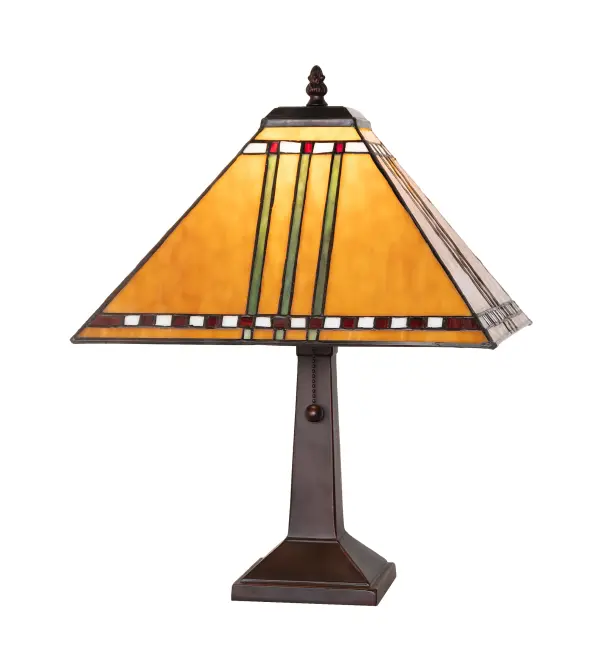 With a love of geometric forms; this lighting design interprets organic objects into simplified; linear forms. The Prairie Corn shade features rows of Chili Red and Wheat kernels and stalks of Bronzed Jade against a Maize Gold background. The stained glass shade is created using the famous Meyda Tiffany copperfoil construction and is paired with an elegant cast metal base featured in a Mahogany Bronze finish. It is perfect as an illuminating accent on a mantel; desk; or nightstand in residential and hospitality settings. The Prairie Corn Table Lamp is included in our American-designed handcrafted Mission Lighting Collection. UL and cUL listed for dry locations. Each shade is a unique work of art with color variations based on natural ingredients inherent in the glass.