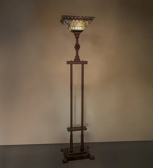 72" High Tiffany Jeweled Peacock Torchiere