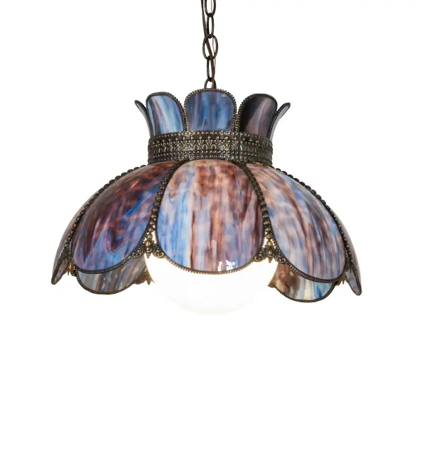 Embrace the timeless look of this classic art glass lighting design. Annabelle features a Hand-Bent Purple & Blue Femish Glass Shade with Brass filigree featured in a Highlighted Craftsman Brown finish to reveal an eye-catching dimensional look. The pendant has an overall height ranging from 15 to 50 inches, as the chain can be easily adjusted on location. It is perfect as a centerpiece for a dining room or entryway area in residential and restaurant locations. The Anabelle Pendant is featured in our American-made, American-designed, handcrafted Quality Bent Glass Lighting Collection and is manufactured in Yorkville, NY. UL and cUL listed for dry and damp locations. Our Quality Bent Glass division is over 100 years in the making and still creating timeless masterpieces using original tools and techniques from the days when we supplied Louis Comfort Tiffany Studios. Quality Bent Glass originally revolutionized the manufacturing process for high-temperature glass formation by custom-building production capacity, glass-forming ovens, and kilns. We are one of the only remaining manufacturers of bent glass lighting and take pride in this rich heritage and expertise. Collection: Anabelle Finish: Hi-Lited Craftsman Brown Antique Copper Glass: Blurple Flemish Glass Width: 18.00" Height: 15.00" Length: 18.00" Weight: 8.00 lb Number of Bulbs: 1 Maximum Wattage: 60.00 W Bulb Type: A19 Bulb Base: E26 Material: Steel Country of Origin: CHINA Safety Rating: Damp