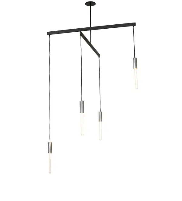 Pronograde is an architectural structure that features a crossbar configuration with four arms; each embracing filament-style lamps for a unique decorative look. The frame and hardware are finished in Flat Black; while the lamp fitters are featured in Brushed Stainless Steel. This lighting design is perfect for entryways and larger spaces in modern homes; offices; and labs. The Pronograde Chandelier is featured in our American-made; American-designed; handcrafted Industrial Lighting Collection. The fixture is UL and cUL listed for dry and damp locations. This fixture was designed by David Singer of Arc Light Design in New York and is featured at a private residence in Texas.
