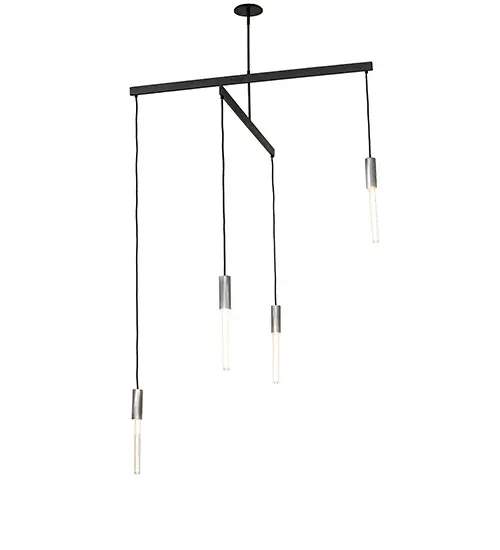 Pronograde is an architectural structure that features a crossbar configuration with four arms; each embracing filament-style lamps for a unique decorative look. The frame and hardware are finished in Flat Black; while the lamp fitters are featured in Brushed Stainless Steel. This lighting design is perfect for entryways and larger spaces in modern homes; offices; and labs. The Pronograde Chandelier is featured in our American-made; American-designed; handcrafted Industrial Lighting Collection. The fixture is UL and cUL listed for dry and damp locations. This fixture was designed by David Singer of Arc Light Design in New York and is featured at a private residence in Texas. - alternate view