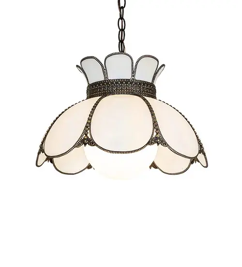 Embrace the timeless look of this classic art glass lighting design. Annabelle features a Hand-Bent White Iridescent Glass Shade with Brass filigree in a Highlighted Craftsman Brown finish to reveal an eye-catching dimensional look. The pendant has an overall height ranging from 15 to 50 inches, as the chain can be easily adjusted on location. It is perfect as a centerpiece for a dining room or entryway area in residential and restaurant locations. The Anabelle Pendant is featured in our American-made, American-designed, handcrafted Quality Bent Glass Lighting Collection and is manufactured in Yorkville, NY. UL and cUL listed for dry and damp locations. Our Quality Bent Glass division is over 100 years in the making and still creating timeless masterpieces using original tools and techniques from the days when we supplied Louis Comfort Tiffany Studios. Quality Bent Glass originally revolutionized the manufacturing process for high-temperature glass formation by custom-building production capacity, glass-forming ovens, and kilns. We are one of the only remaining manufacturers of bent glass lighting and take pride in this rich heritage and expertise. Collection: Anabelle Finish: Craftsman Brown Highlighted Antique Copper Glass: White Iridescent Glass Width: 18.00" Height: 15.00" Length: 18.00" Weight: 8.00 lb Number of Bulbs: 1 Maximum Wattage: 60.00 W Bulb Type: A19 Bulb Base: E26 Material: Steel Country of Origin: CHINA Safety Rating: Damp - alternate view