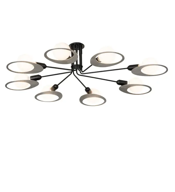 This uniquely designed ceiling fixture features eight Orb-styled lamps, each surrounded by a circular Stainless Steel frame. All arms are connected to a Flat Black finished hub. The fixture is perfect as a centerpiece for illuminating dining spaces and entryways in residential and hospitality environments. The Equiangulator 8 Light Semi-Flush Mount is included in our American-made, American-designed, handcrafted Modern Lighting Collection and is manufactured in Yorkville, New York. The fixture is UL and cUL listed for dry and damp locations. This fixture was designed by David Singer of Arc Light Design in New York for a private residence in Texas. Collection: Equiangulator Finish: Flat Black & Brushed Stainless Steel Width: 52.00" Height: 13.50" Length: 52.00" Weight: 18.00 lb Number of Bulbs: 8 Maximum Wattage: 60.00 W Bulb Type: G40 Bulb Base: E26 Material: Steel/Stainless Steel Country of Origin: USA Safety Rating: Damp