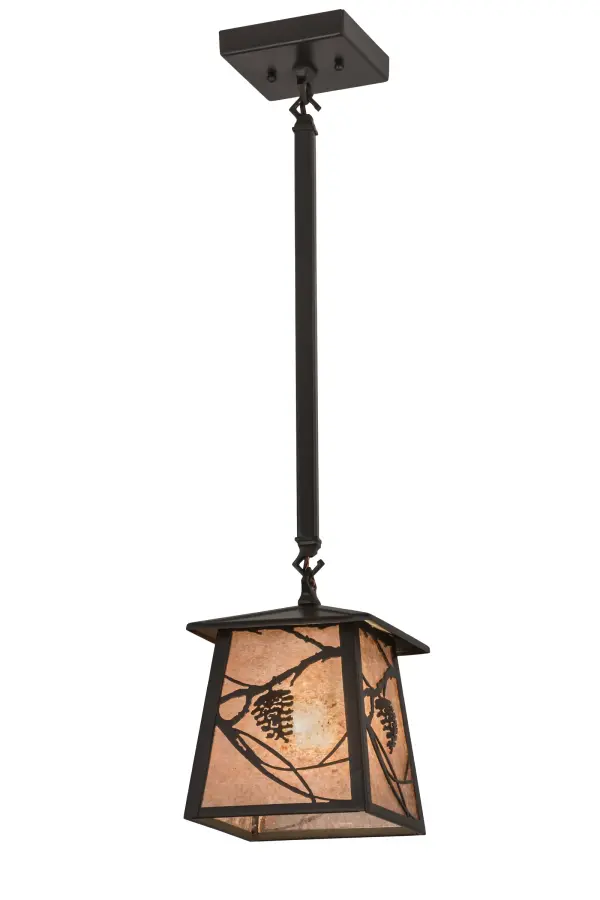 A single Pine Cone and branches are depicted on each side of this lantern pendant handcrafted in the USA by Meyda artisans. This nature inspired fixture is finished in Timeless Bronze and has Silver Mica panels. Collection: Whispering Pines Finish: Timeless Bronze Glass: Silver Mica Width: 10.50" Height: 30.50" Length: 7.50" Weight: 6.00 lb Number of Bulbs: 1 Maximum Wattage: 60.00 W Bulb Type: A19 Bulb Base: Medium Material: Steel Country of Origin: USA Safety Listing: Damp Safety Rating: Damp