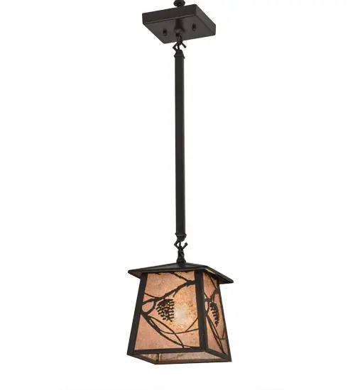 A single Pine Cone and branches are depicted on each side of this lantern pendant handcrafted in the USA by Meyda artisans. This nature inspired fixture is finished in Timeless Bronze and has Silver Mica panels. Collection: Whispering Pines Finish: Timeless Bronze Glass: Silver Mica Width: 10.50" Height: 30.50" Length: 7.50" Weight: 6.00 lb Number of Bulbs: 1 Maximum Wattage: 60.00 W Bulb Type: A19 Bulb Base: Medium Material: Steel Country of Origin: USA Safety Listing: Damp Safety Rating: Damp - alternate view