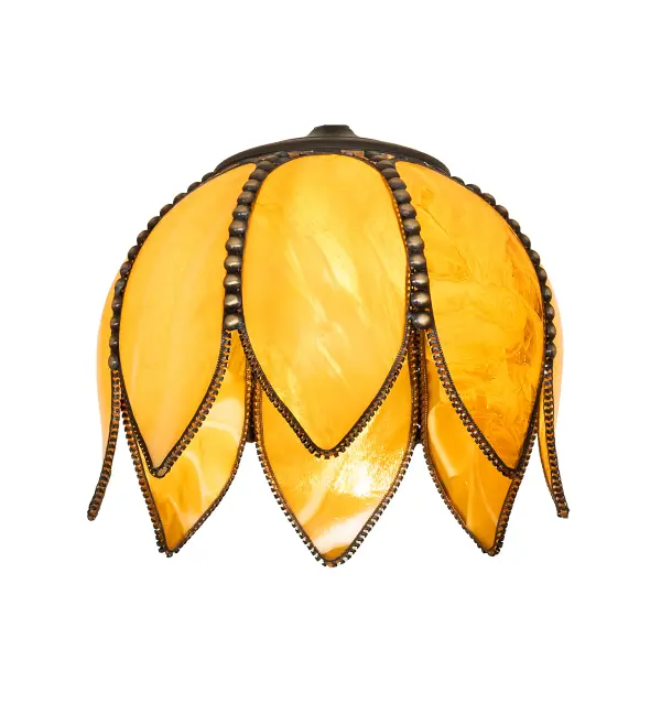 The hand-curved Tulip Honey Amber art glass shade is complemented by Brass filigree in a Hi-Lited Craftsman Brown finish. The shade can be used with a base to create a stunning table lamp or built with hardware to make a beautiful ceiling fixture. The Tulip Shade is included in our American-made, American-designed, handcrafted Quality Bent Glass Collection, which is manufactured in Yorkville, New York. The shade is crafted by the Quality Bent Glass division of Meyda Tiffany Lighting, which has been in the making for over 100 years. Today, we continue to create timeless masterpieces using tools and methods from the days when we supplied Tiffany Studios. Glass colors and metal finishes are customizable, as each Tiffany Bent Panel shade is handcrafted to Order in our 180,000 sq ft manufacturing facility in Yorkville, New York. Collection: Tulip Finish: Hi-Lited Craftsman Brown Glass: Honey Amber Glass Width: 10.00" Height: 7.00" Length: 10.00" Weight: 2.50 lb Country of Origin: USA