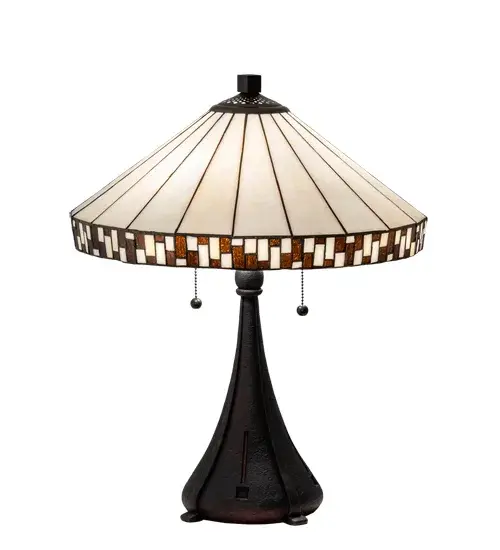 A delightful, illuminating accent piece for your home. Highlighted with a dazzling gridlike design in Beige and Green Glass accents on a Beige art glass background, this lamp art glass shade is enhanced with an elegant cast metal base and is hand finished in a warm Mahogany Bronze. The shade is created using the famous Meyda Tiffany copperfoil construction process. The Checkerboard Table Lamp is included in our American-designed, handcrafted Transitional Collection. UL and cUL listed for dry locations. Collection: Checkerboard Finish: Mahogany Bronze Glass: Bag Xag Bag Width: 18.00" Height: 21.75" Length: 18.00" Weight: 12.50 lb Number of Bulbs: 2 Maximum Wattage: 60.00 W Bulb Type: A19 Bulb Base: E26 Material: Zinc Country of Origin: CHINA Safety Listing: Dry Safety Rating: Dry - alternate view