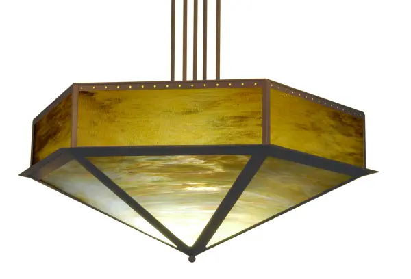 This unique pendant; handcrafted in the U. S. A. by Meyda artisans is finished in Antique Copper and has Beige Iridescent and Honey stained art glass panels. The transitional fixture is suitable for use in a variety of settings from contemporary to rustic.
