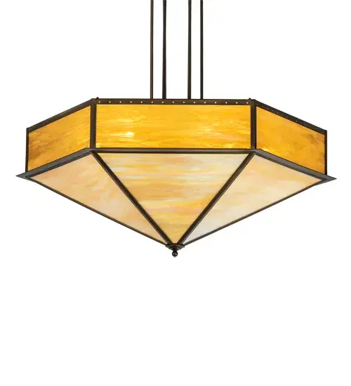 This unique pendant; handcrafted in the U. S. A. by Meyda artisans is finished in Antique Copper and has Beige Iridescent and Honey stained art glass panels. The transitional fixture is suitable for use in a variety of settings from contemporary to rustic. - alternate view