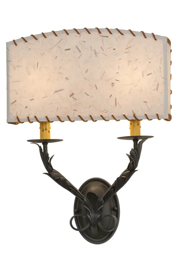 Evoking an intriguing western look; this wall fixture features a Grass Paper shade wrapped with authentic Rawhide accents. The shade conceals two faux candlelights perched on bobeches with decorative arms and hardware featured in a Wrought Iron finish. Handcrafted in the USA; this sconce is available in custom sizes; styles; colors and dimmable energy efficient lamping. The fixture is UL and cUL listed.