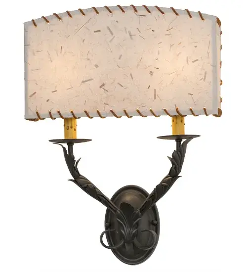 Evoking an intriguing western look; this wall fixture features a Grass Paper shade wrapped with authentic Rawhide accents. The shade conceals two faux candlelights perched on bobeches with decorative arms and hardware featured in a Wrought Iron finish. Handcrafted in the USA; this sconce is available in custom sizes; styles; colors and dimmable energy efficient lamping. The fixture is UL and cUL listed. - alternate view