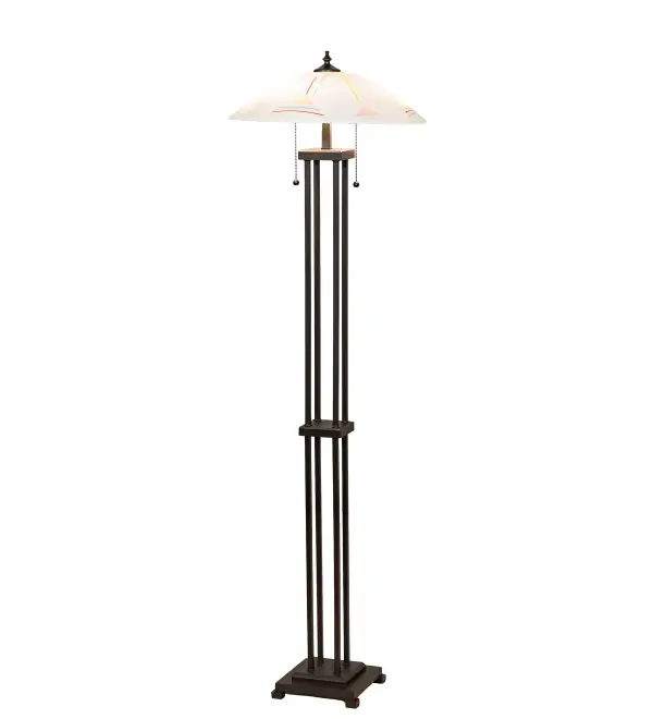 This sleek; upscale floor lamp has a conical shade of kiln-bent White art glass; dramatically striated with a rainbow of colors from its prismatic; crystalline; and glossy finish. The Mission-style floor base and finial are all hand-finished in Mahogany Bronze. The art glass is high-fired and hot- fused together for a unique effect. The Metro Fusion Saturn Floor Lamp is part of our American-made; American-designed; handcrafted Fused Glass Lighting Collection; manufactured in Yorkville; New York. UL and cUL listed for dry locations. Each shade is a unique work of art; featuring color variations derived from the natural ingredients inherent in the glass. The Quality Bent Glass division of Meyda Lighting has been in the making for over 100 years. Today; we continue to create timeless masterpieces using tools and methods that date back to the days when we supplied Tiffany Studios. Fused glass colors and metal finishes are customizable; as each fixture is handcrafted to order.