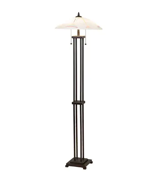 This sleek; upscale floor lamp has a conical shade of kiln-bent White art glass; dramatically striated with a rainbow of colors from its prismatic; crystalline; and glossy finish. The Mission-style floor base and finial are all hand-finished in Mahogany Bronze. The art glass is high-fired and hot- fused together for a unique effect. The Metro Fusion Saturn Floor Lamp is part of our American-made; American-designed; handcrafted Fused Glass Lighting Collection; manufactured in Yorkville; New York. UL and cUL listed for dry locations. Each shade is a unique work of art; featuring color variations derived from the natural ingredients inherent in the glass. The Quality Bent Glass division of Meyda Lighting has been in the making for over 100 years. Today; we continue to create timeless masterpieces using tools and methods that date back to the days when we supplied Tiffany Studios. Fused glass colors and metal finishes are customizable; as each fixture is handcrafted to order. - alternate view