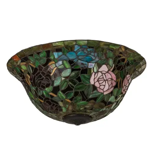 The most beloved of all floral beauties. The Rosebush is beautifully represented in this stunning reproduction of a Tiffany Studio Classic. Petal Pink; Romantic Red and Beautiful Blue art glass Roses ramble on a maze of Garden Green leaves. The shade is created using the famous Meyda Tiffany copperfoil construction. The delicate domed stained glass shade can be paired with a base to create a stunning floor lamp or hardware to build a beautiful ceiling fixture. - alternate view