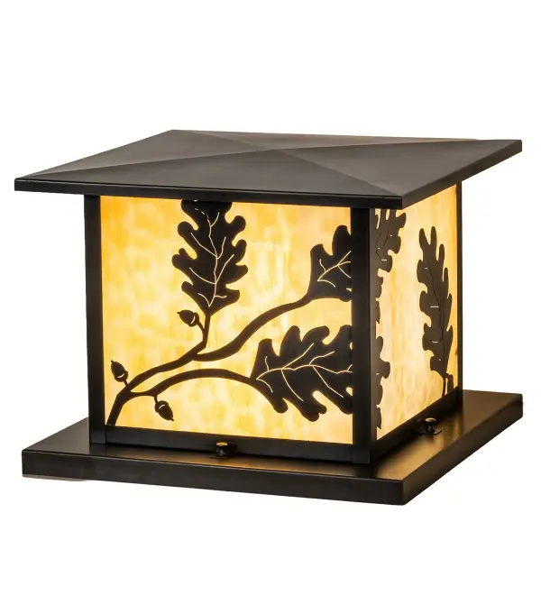 Distinctive charm is revealed with this exquisite design as artistic Oak leaves and Acorns adorn a stunning Beige Art Glass diffuser. The decorative accents and hardware are finished in Craftsman Brown. The Solid Brass fixture is ideal for placement on columns and posts on decks and patios in timber homes, modern farmhouses, and residential and hospital settings. The Oak Leaf Pier Mount is included in our American-made, American-designed, handcrafted Nature- Inspired Collection and is manufactured in Yorkville, New York. UL and cUL listed for dry, damp, and wet locations. Upstate New York's adventurous playland, known as the Adirondack Mountains, with its many breathtaking forests, lakes, and rivers, is the spiritual birthplace of Meyda and inspires our rustic- themed collections. Our Build Your Own Craftsman Signature Series features unlimited combinations of styles. The collection is called Build Your Own because it is fully configurable and customizable from size and design to finish and lens color. Marine-grade solid brass or copper raw materials are used to ensure items from the Craftsman Signature Series of outdoor and indoor lighting will stand the test of time, as these premium metals are impervious to most forms of oxidation. Hand-applied Patina finishes on brass and copper are sealed with a clear varnish and, over time, may require gentle maintenance, such as wax, to delay or reverse the natural living finish attributes indicative of this finishing process. Patina finishes on brass and copper provide strong resistance to fading from sun exposure, will not chip or crack, and will not rust like a steel-framed item in the same conditions. Choose from many style options, or send us your concept today! Call today to learn how to use the configuration tool on our website to get an instant item number! Collection: Hyde Park Finish: Craftsman Brown Glass: Beige Art Glass Width: 22.50" Height: 12.50" Length: 16.00" Weight: 17.00 lb Number of Bulbs: 1 Maximum Wattage: 60.00 W Bulb Type: A19 Bulb Base: E26 Material: Brass Country of Origin: USA Safety Rating: Wet