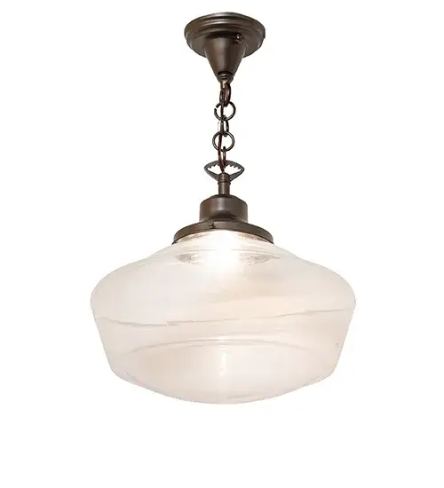 Restore the past with this appealing ceiling pendant featuring a beautifully formed Clear Schoolhouse Glass shade. The fixture is enhanced with Solid Brass hardware featuring an Exterior Oil Rubbed Bronze Finish. This vintage- style lighting fixture offers a refined yet consistent, distinctive design that originated in traditional schoolhouses and public buildings in the early 1920s. The ceiling fixture is perfect for illuminating dining spaces and entryways. The Revival Schoolhouse Traditional Globe Pendant is included in our American-designed, handcrafted Schoolhouse Lighting Collection. The fixture is UL and cUL listed for dry and damp locations. Collection: Revival Finish: Exterior Oil Rubbed Bronze Glass: Clear Glass Width: 16.00" Height: 25.00" Length: 16.00" Weight: 7.00 lb Number of Bulbs: 1 Maximum Wattage: 60.00 W Bulb Type: A19 Bulb Base: E26 Material: Brass Country of Origin: USA Safety Rating: Damp - alternate view