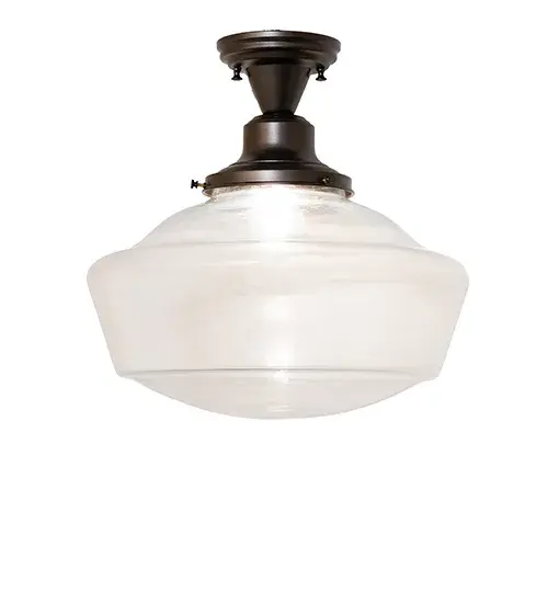 Restore the past with this appealing ceiling fixture featuring a beautifully formed Clear Schoolhouse Glass shade. The fixture is enhanced with Solid Brass hardware featuring an Exterior Oil Rubbed Bronze Finish. This vintage- style lighting fixture offers a refined yet consistent; distinctive design that originated in traditional schoolhouses and public buildings in the early 1920s. The ceiling fixture is perfect for dining spaces and corridors. The Revival Schoolhouse Traditional Globe Semi-Flush Mount is included in our American-designed; handcrafted Schoolhouse Lighting Collection. The fixture is UL and cUL listed for dry and damp locations. - alternate view